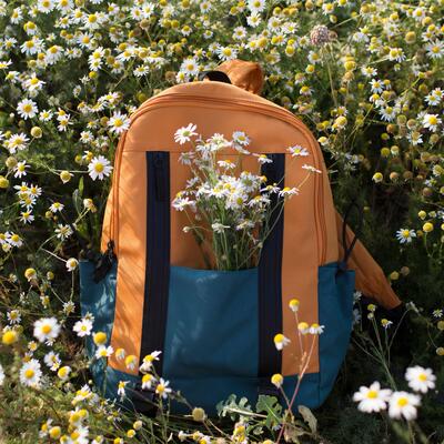 A backpack in a field of flowers